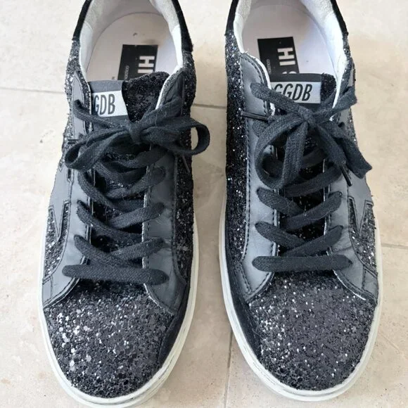 🌟 Golden Goose Hi Star Black Glitter Sneaker 🌟 - Picture 1 of 5